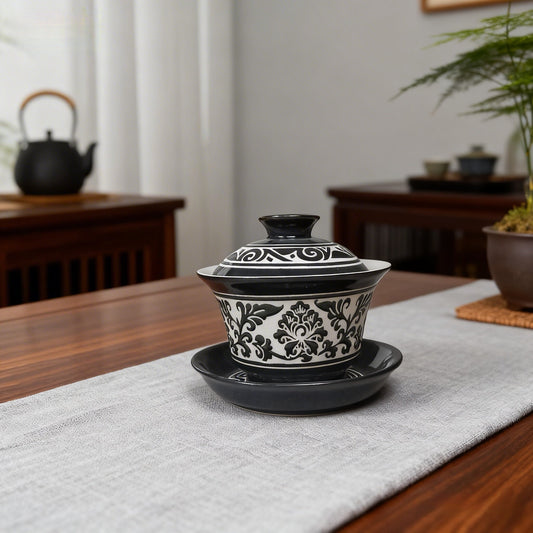 Cizhou Ware Hand-Painted Peony And Lotus Scroll Gaiwan 160ml