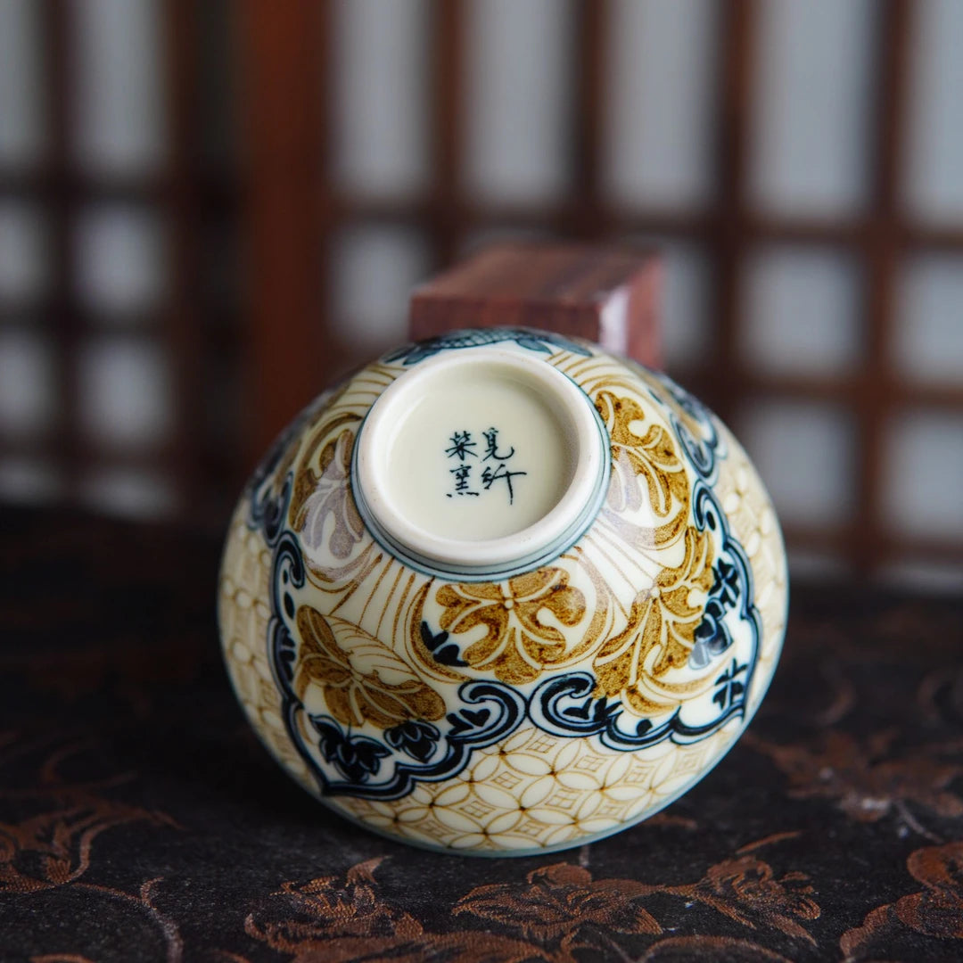 Hand-Painted Underglaze Gold "Copper Coin" Lotus Gaiwan Set 100ml