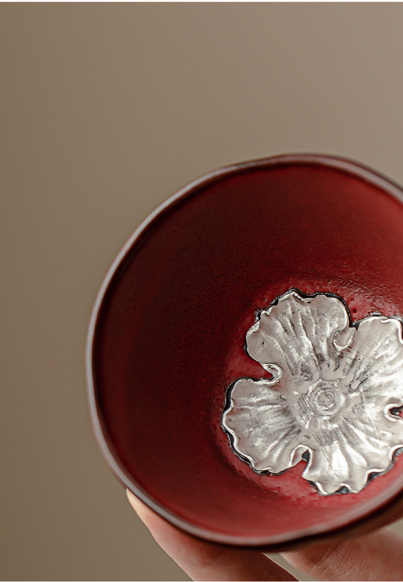 Chinese Style Retro Inlaid Flower Silver-glazed Teacup