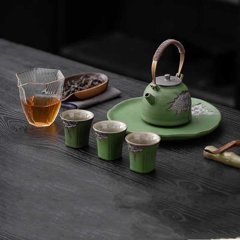 Vintage Coarse Pottery Teaware with Celadon Glaze