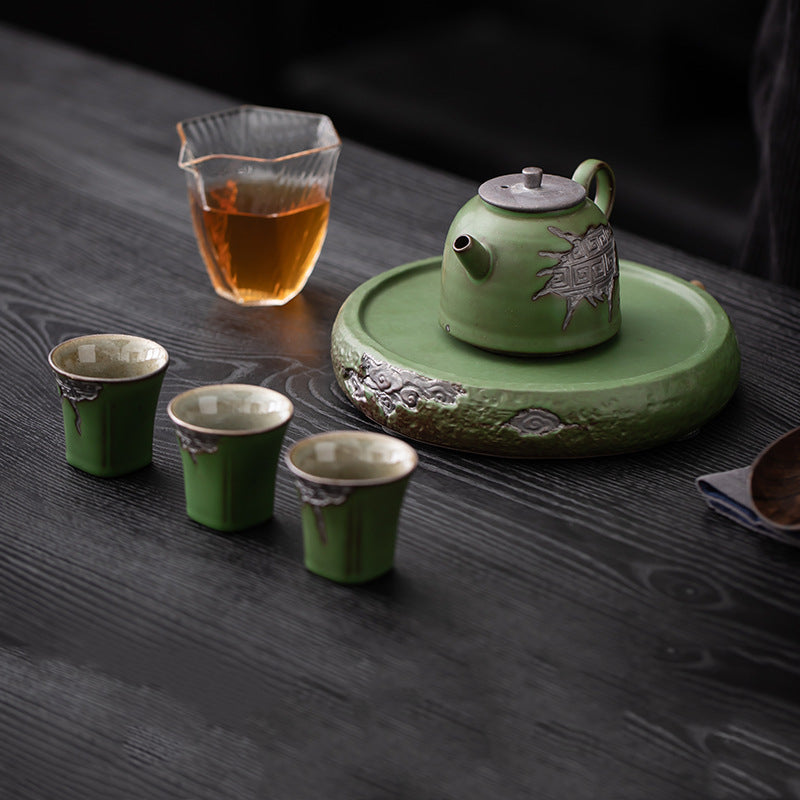 Vintage Coarse Pottery Teaware with Celadon Glaze
