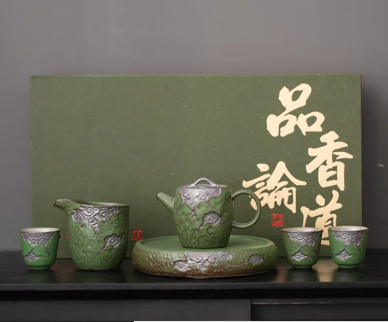 Vintage Coarse Pottery Teaware with Celadon Glaze