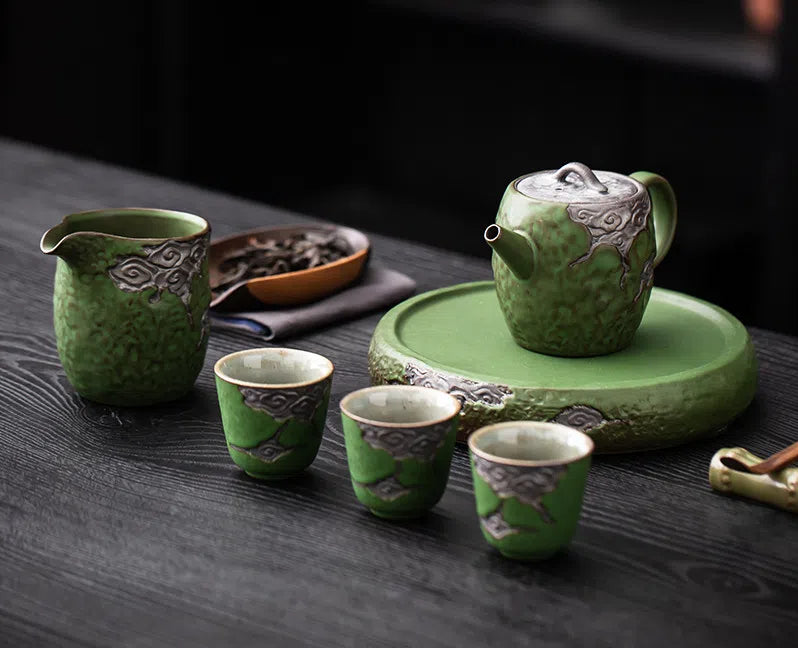 Vintage Coarse Pottery Teaware with Celadon Glaze