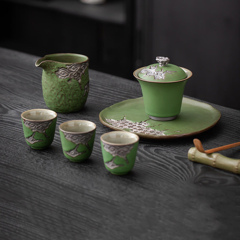 Vintage Coarse Pottery Teaware with Celadon Glaze