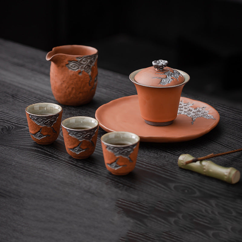 Vintage Coarse Pottery Teaware with Celadon Glaze