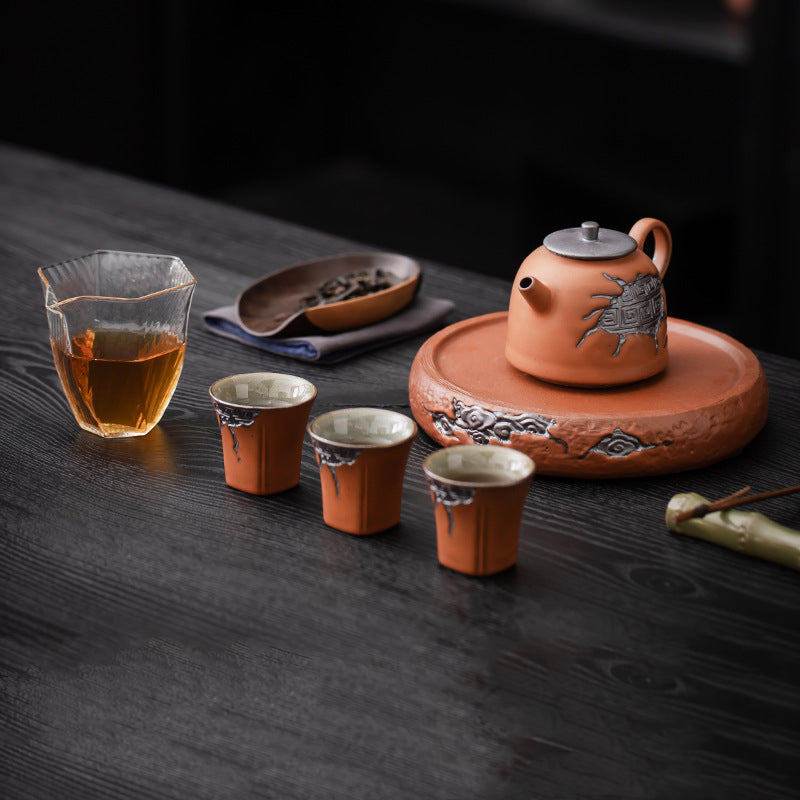 Vintage Coarse Pottery Teaware with Celadon Glaze