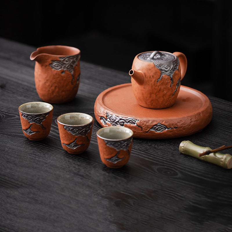 Vintage Coarse Pottery Teaware with Celadon Glaze