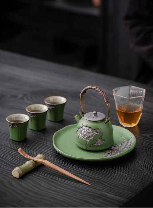 Vintage Coarse Pottery Teaware with Celadon Glaze