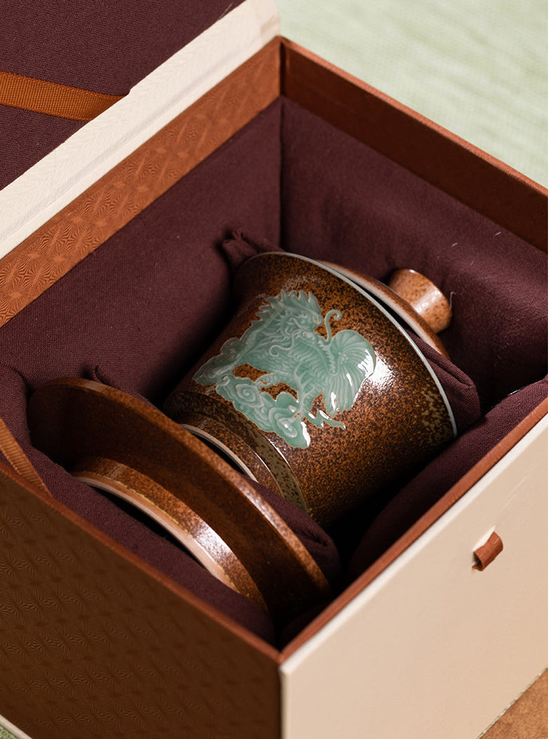 Longquan Celadon Wood-Ash Glaze Pixiu Relief Gaiwan 160ml