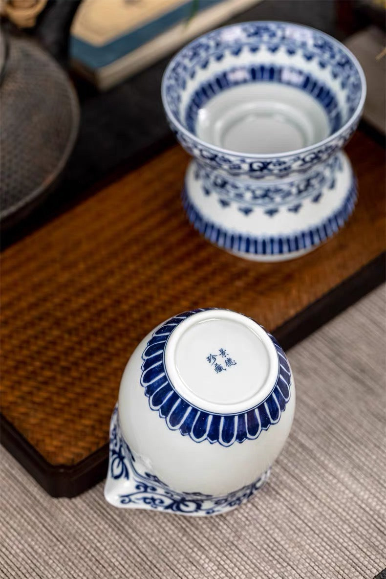Jingdezhen Blue and White Lotus Vine Tea Filter With Containning Base