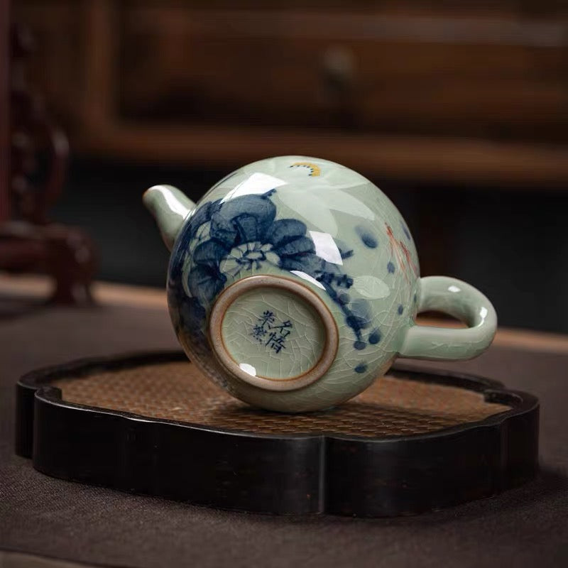 Jingdezhen Wood-Fired Kiln Old Clay Handmade Lotus Blue and White Underglaze Color Teapot.