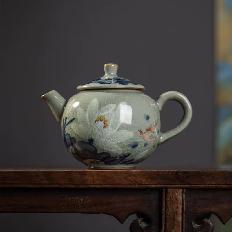 Jingdezhen Wood-Fired Kiln Old Clay Handmade Lotus Blue and White Underglaze Color Teapot.