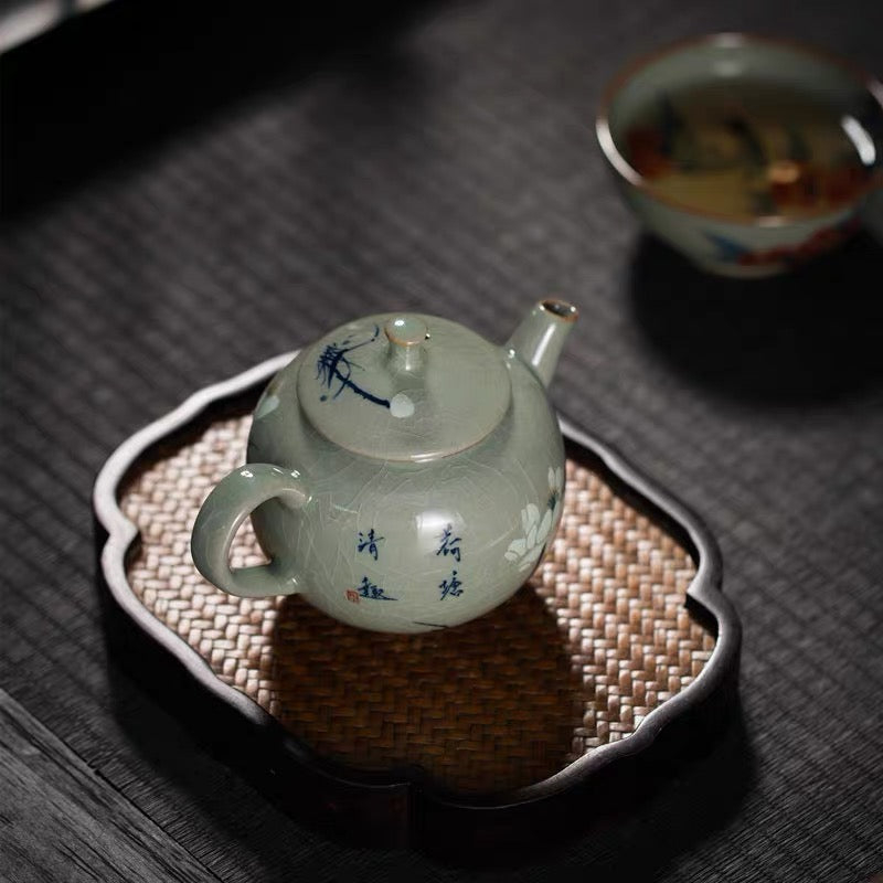 Jingdezhen Wood-Fired Kiln Old Clay Handmade Lotus Blue and White Underglaze Color Teapot.