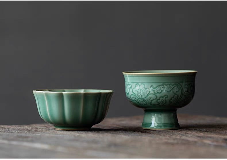 Longquan Celadon High-Stem Cup with Relief Decoration of Intertwined Lotus Design