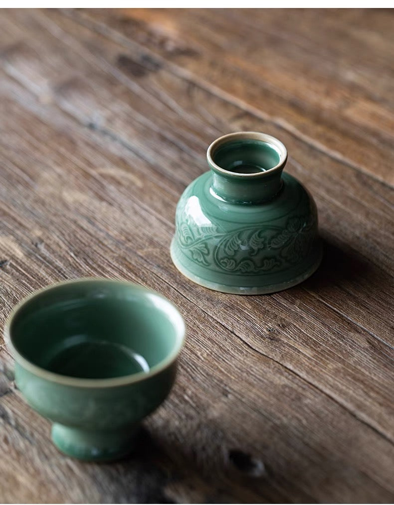 Longquan Celadon High-Stem Cup with Relief Decoration of Intertwined Lotus Design