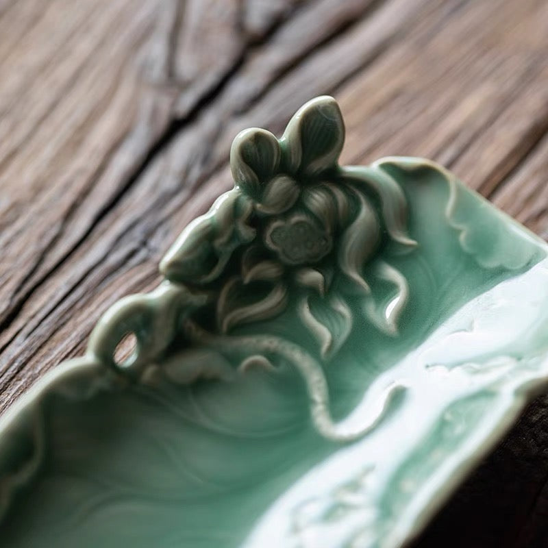Longquan Celadon Tea Holder with Hand Carved Lotus Pattern