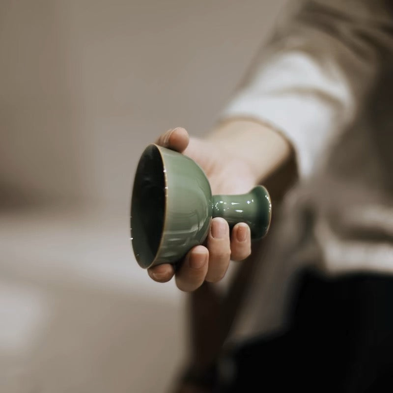 Longquan Celadon Plum Green High-Stem Tea Cup