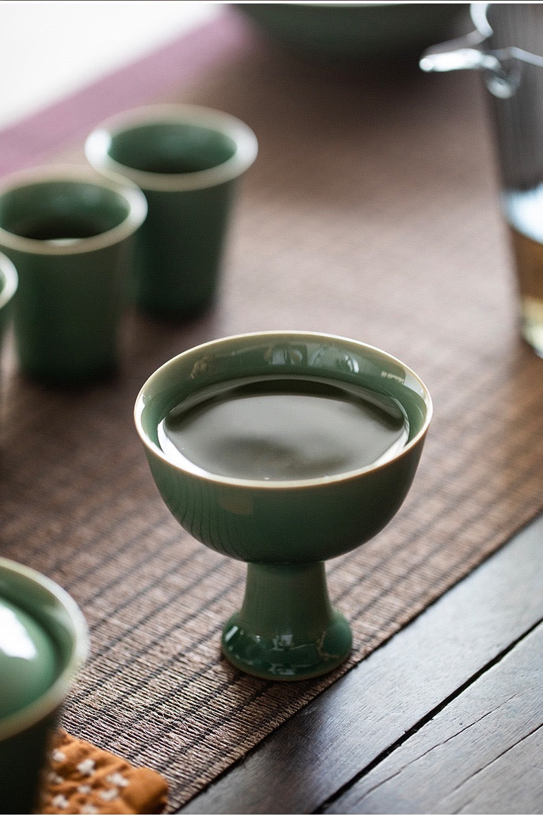 Longquan Celadon Plum Green High-Stem Tea Cup