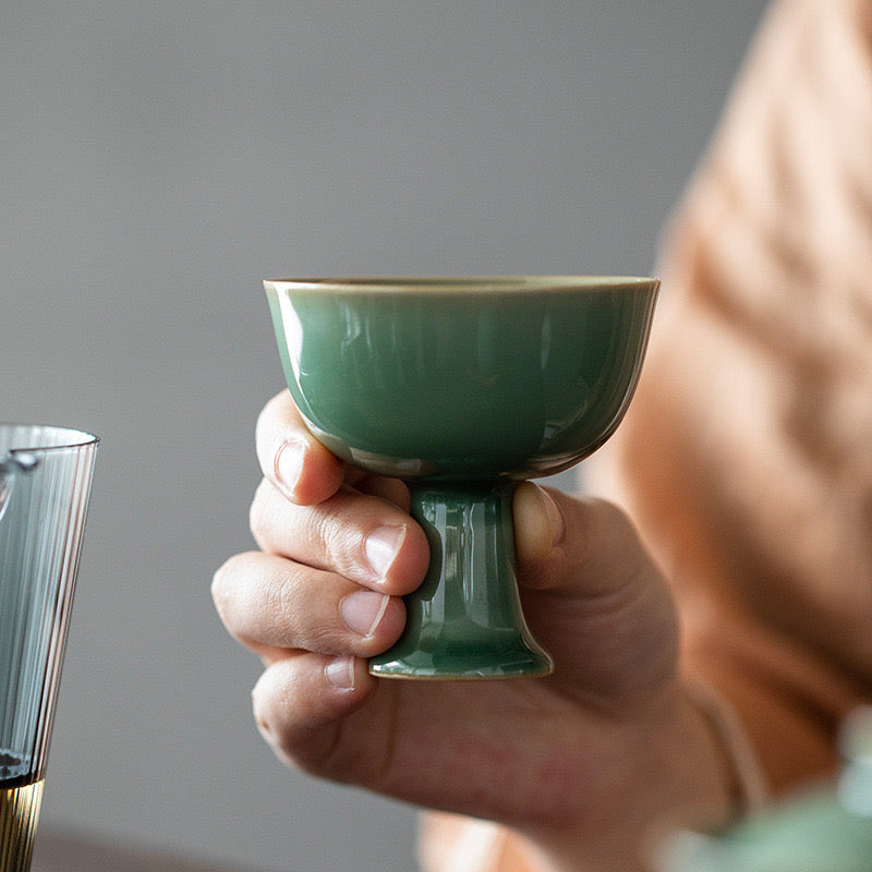 Longquan Celadon Plum Green High-Stem Tea Cup