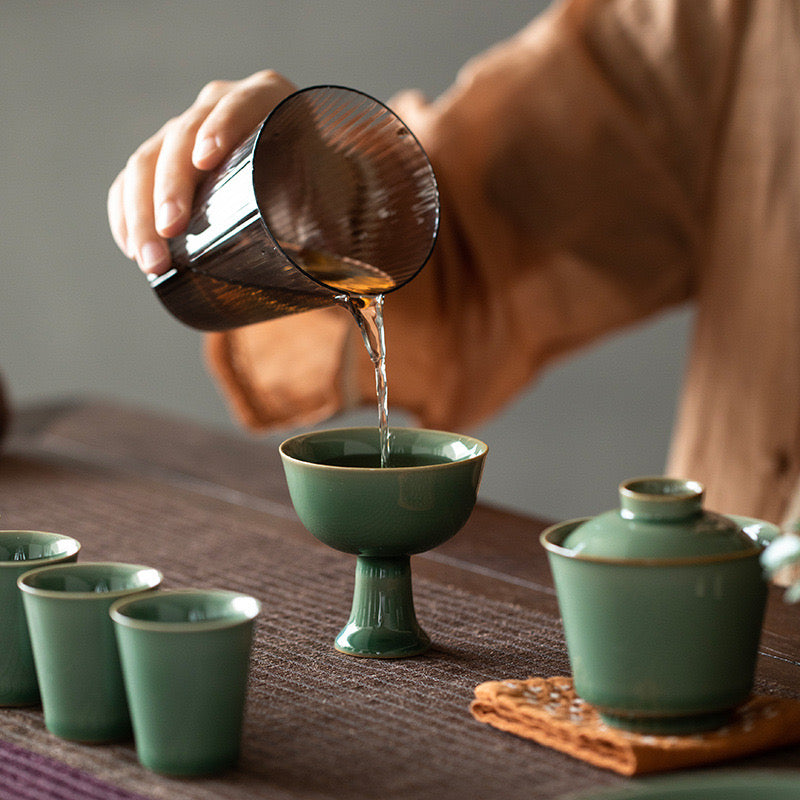 Longquan Celadon Plum Green High-Stem Tea Cup