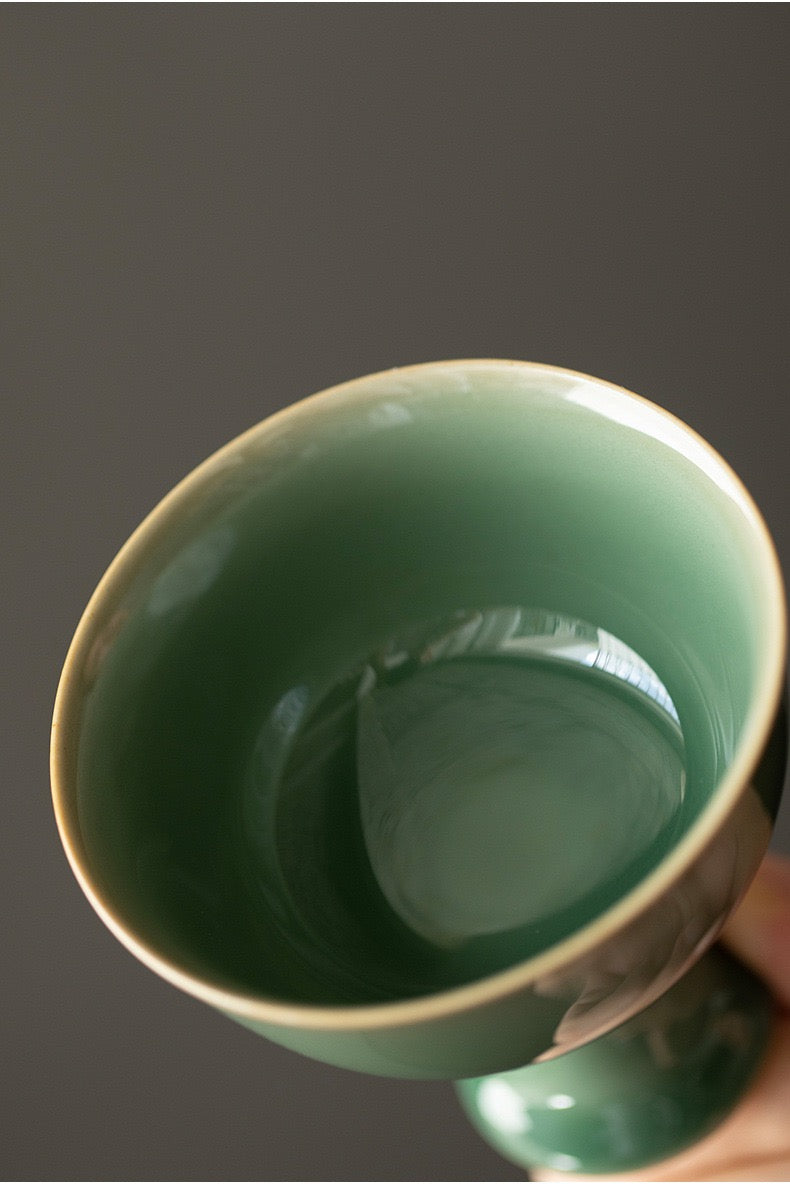 Longquan Celadon Plum Green High-Stem Tea Cup