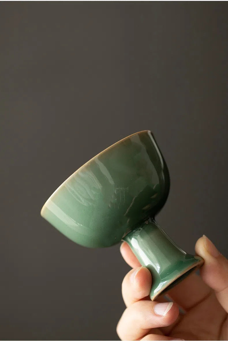 Longquan Celadon Plum Green High-Stem Tea Cup