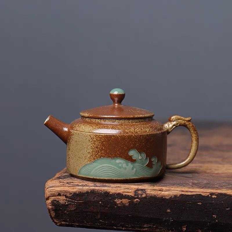 Longquan Celadon Teapot in Plum Green with Plant Ash Glaze