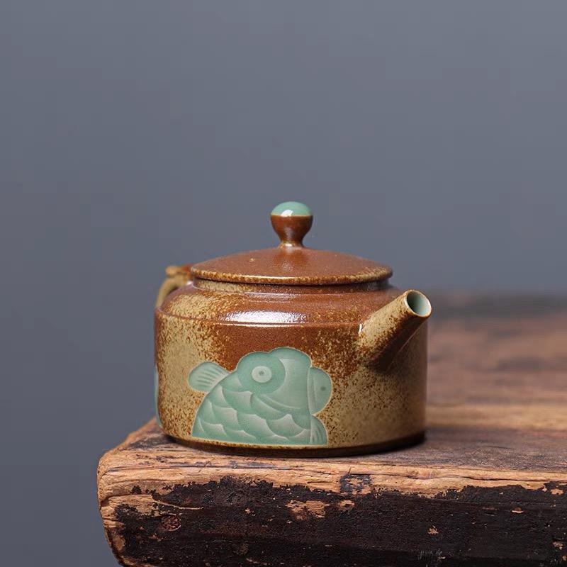 Longquan Celadon Teapot in Plum Green with Plant Ash Glaze
