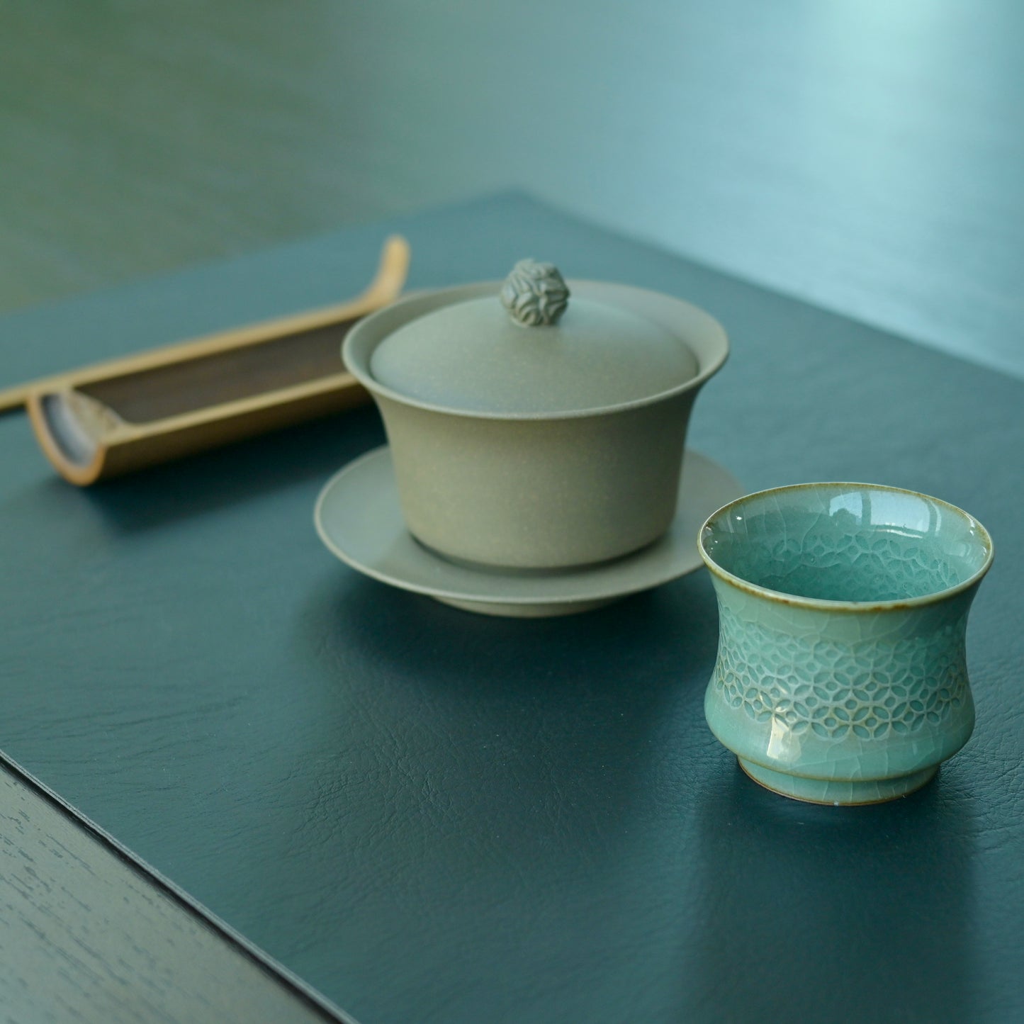 Unique Piece Longquan Celadon Handmade Underglaze Hollow-Carved Tea Cup( Linglong Tea Cup)