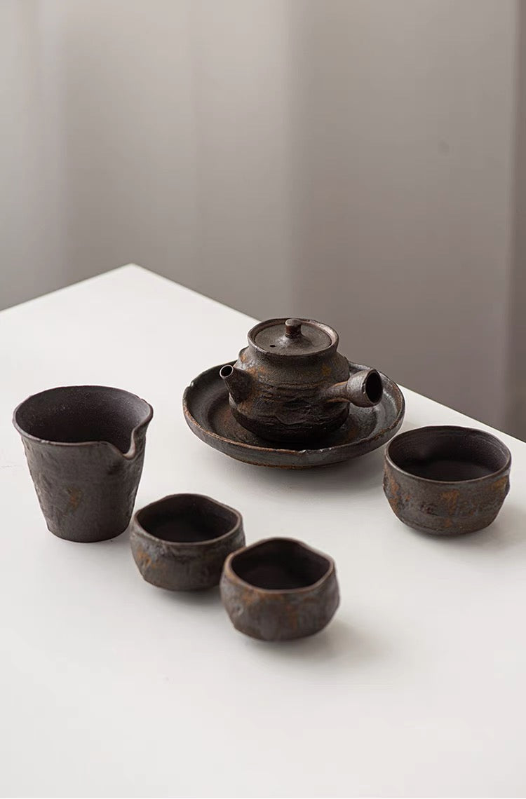 Wabi-Sabi Handcrafted Wood-fired Coarse Clay Side-Handle Teapot / Tea Set