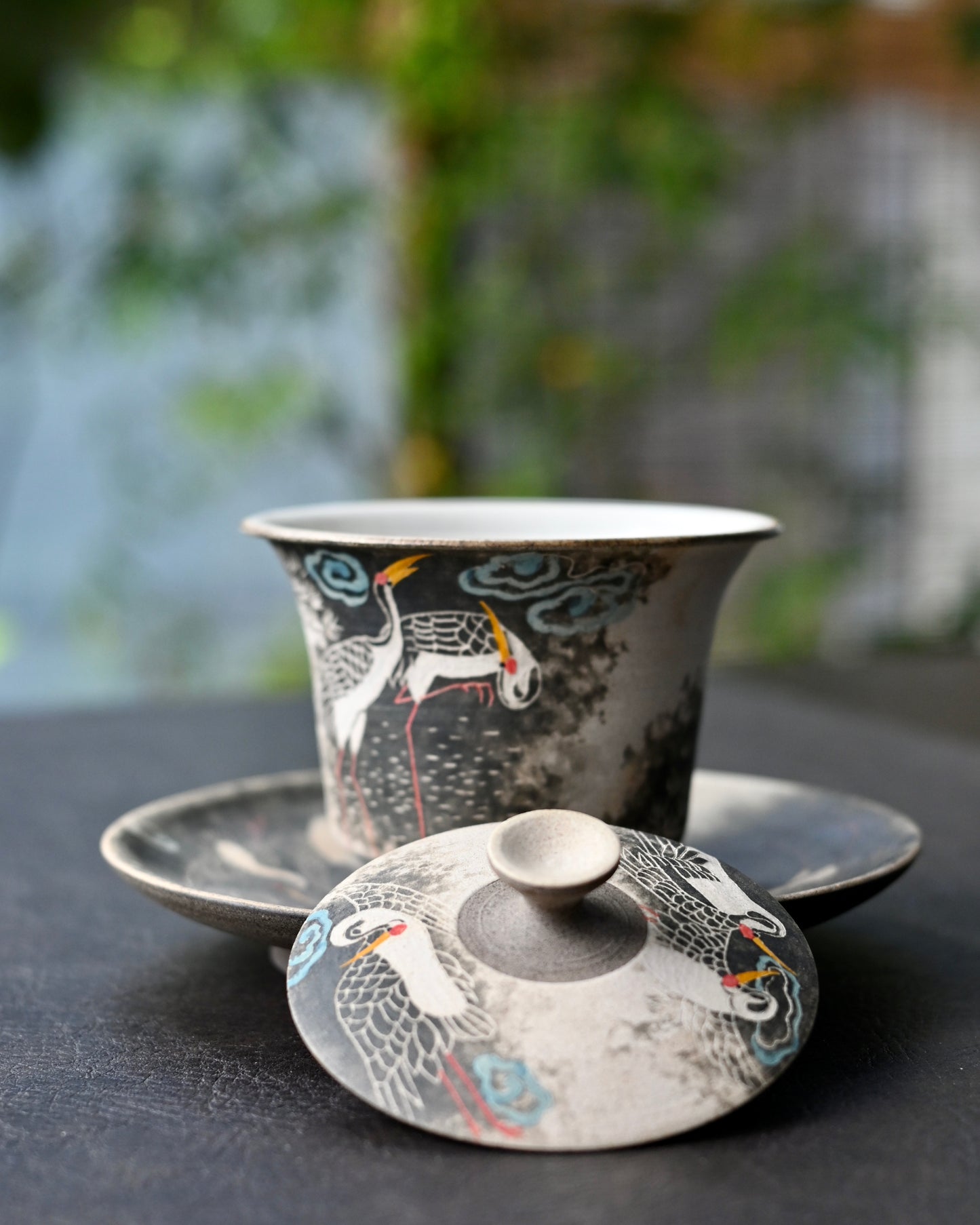 Jingdezhen Hand-Carved and Hand-Painted Cranes Gaiwan Set