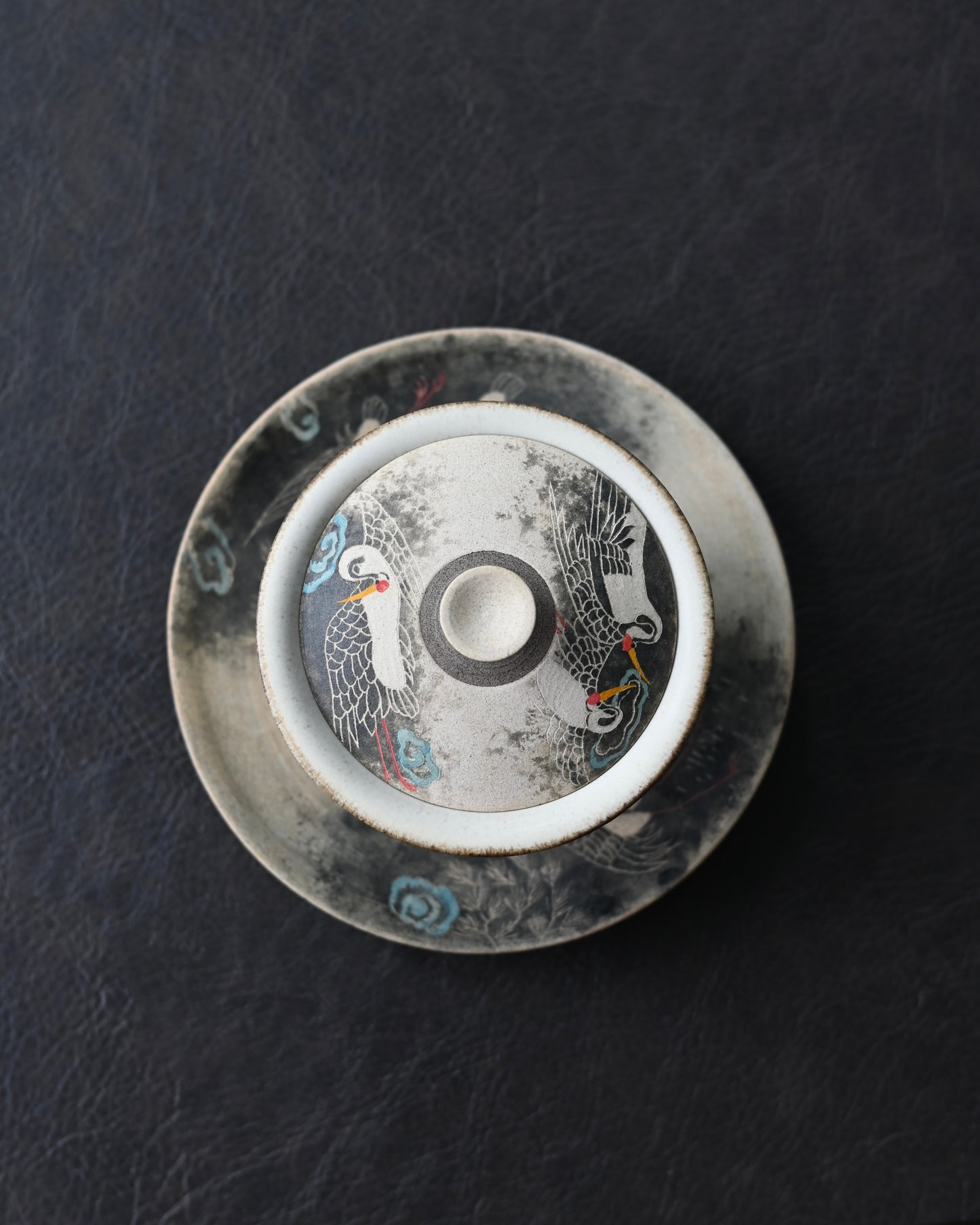 Jingdezhen Hand-Carved and Hand-Painted Cranes Gaiwan Set