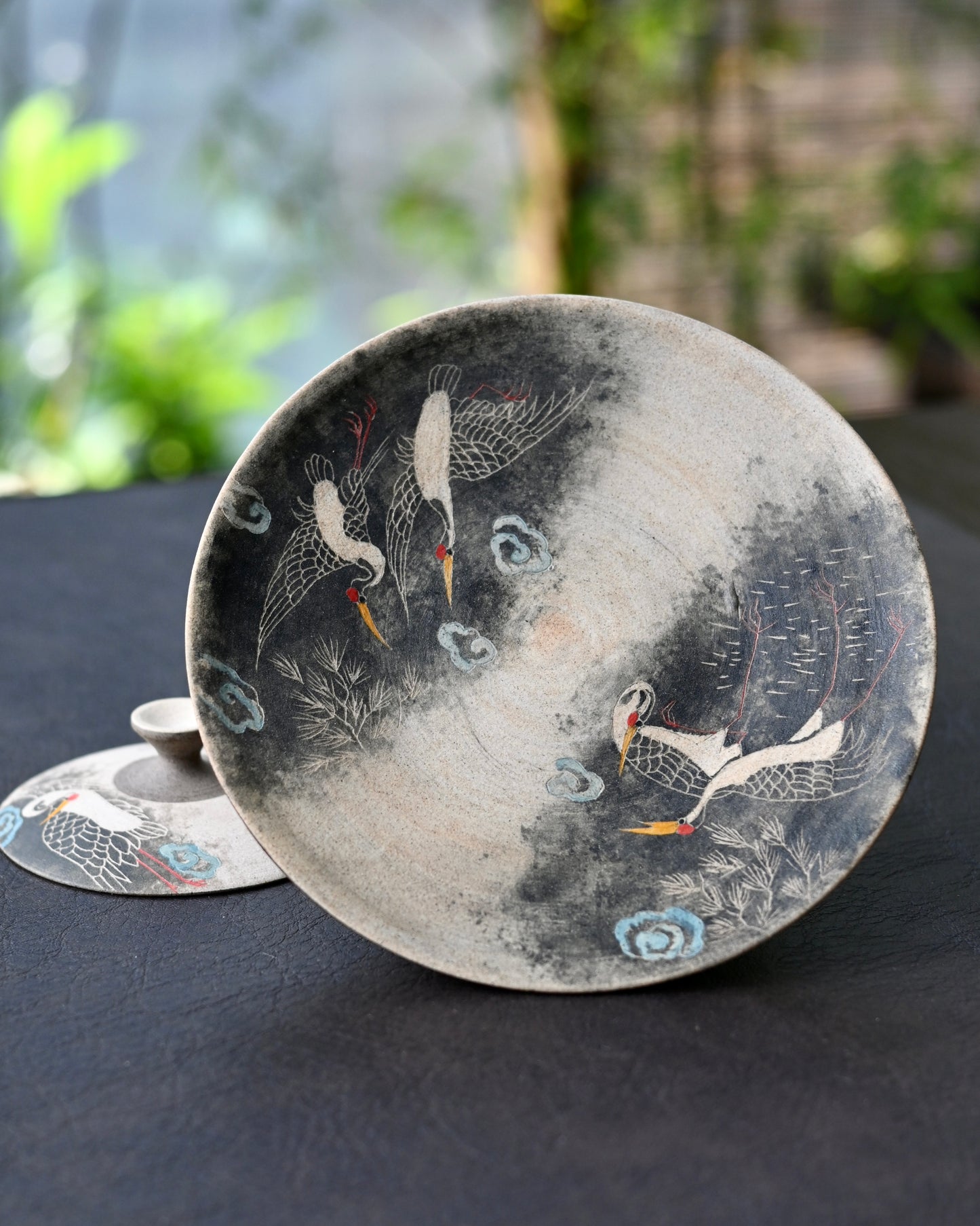 Jingdezhen Hand-Carved and Hand-Painted Cranes Gaiwan Set