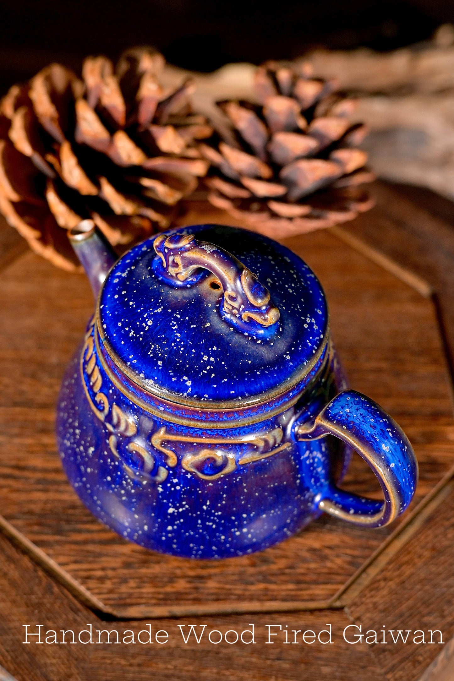 Jun Ware Blue Glaze Handcrafted Teapot with Sculpted Dragon Lid & Relief Motif 175ml