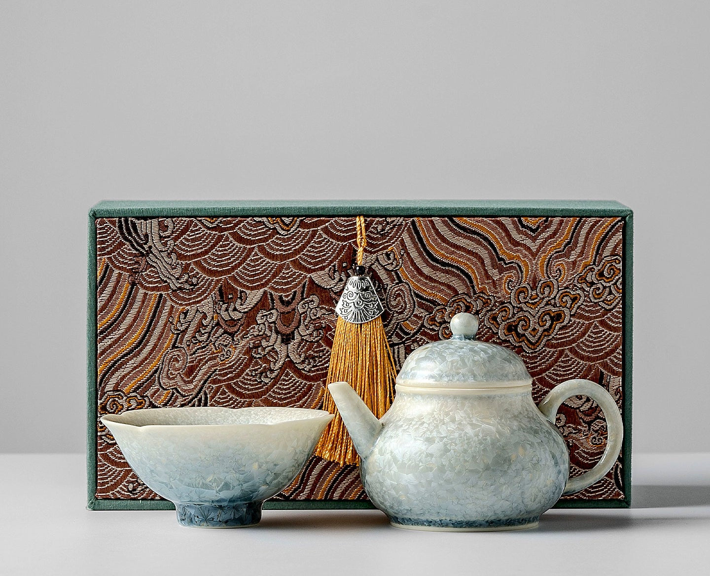 Elegant smoky cyan crystal ice flower teapot, handcrafted ceramic teaset