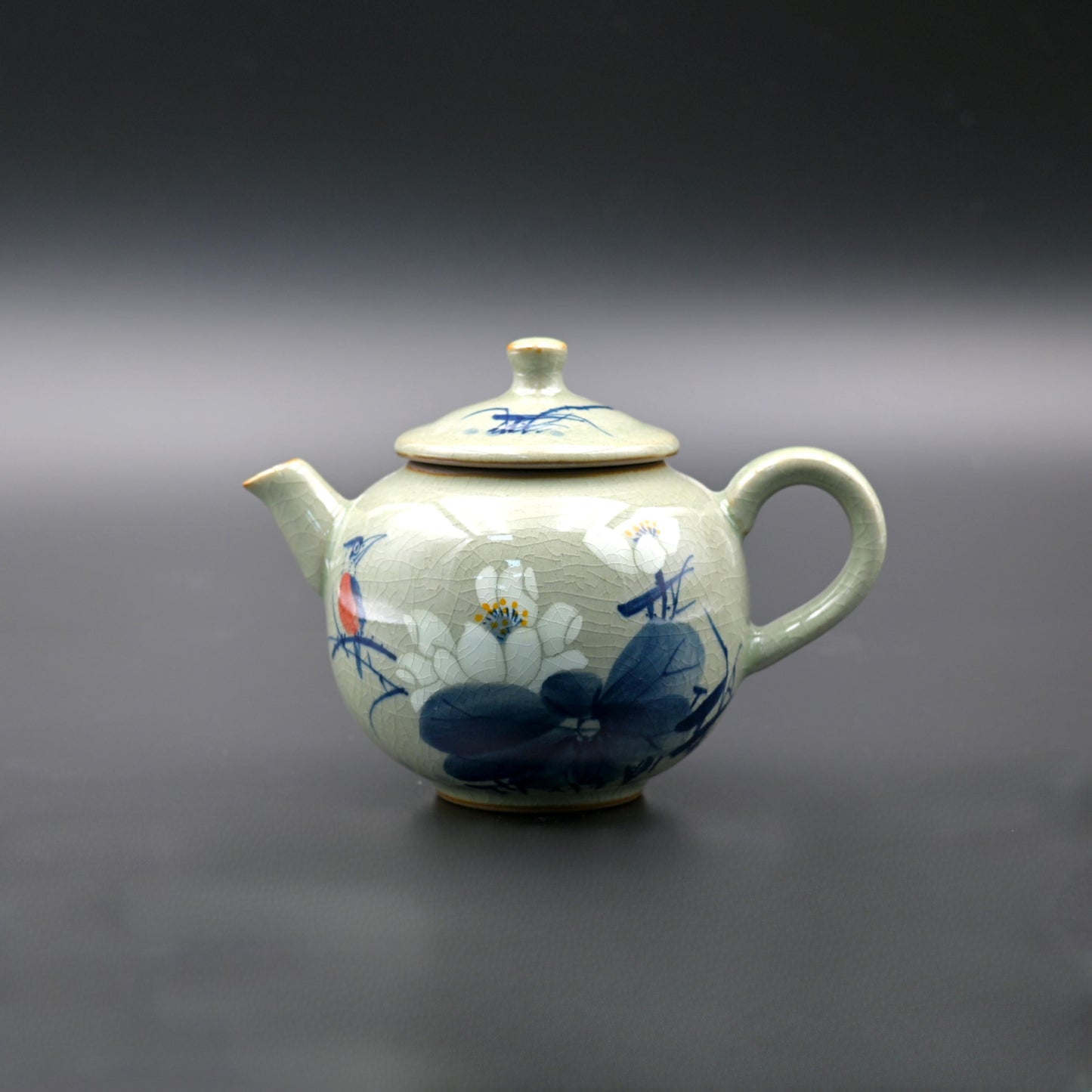 Jingdezhen Wood-Fired Kiln Old Clay Handmade Lotus Blue and White Underglaze Color Teapot.