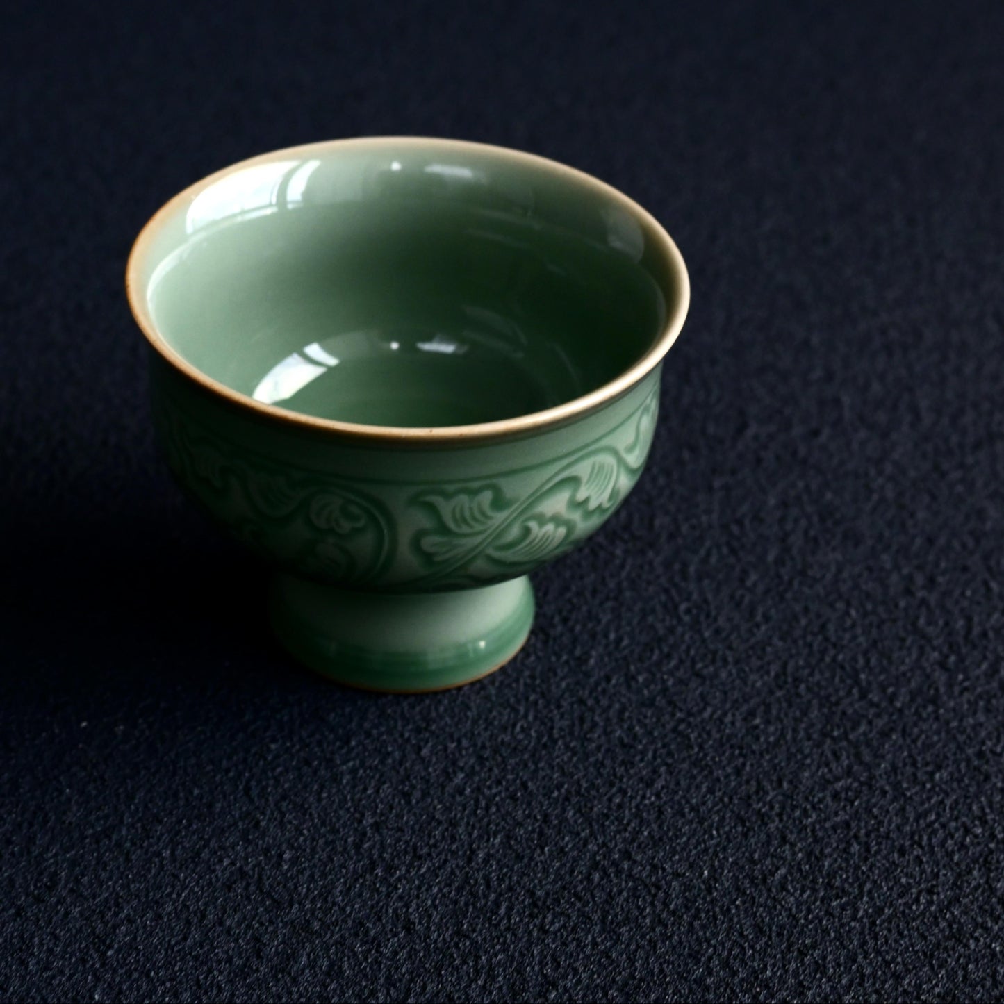 Longquan Celadon High-Stem Cup with Relief Decoration of Intertwined Lotus Design