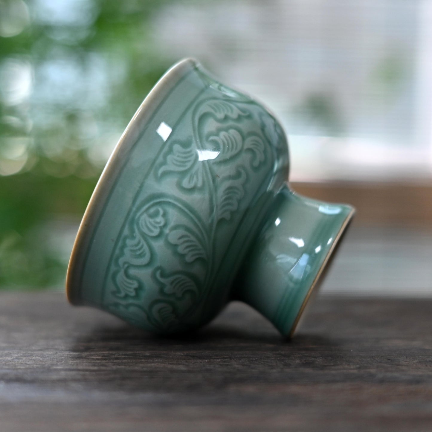Longquan Celadon High-Stem Cup with Relief Decoration of Intertwined Lotus Design