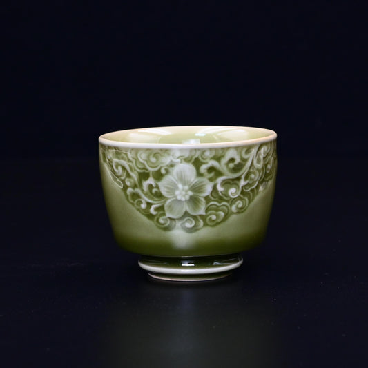 Longquan Celadon Hand-carved Flowers Underglaze Patterns Host Tea Cup