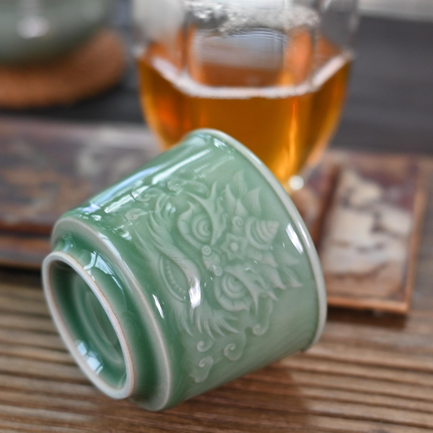 Longquan Celadon Martial Lion Design Hand-carved Host Tea Cup