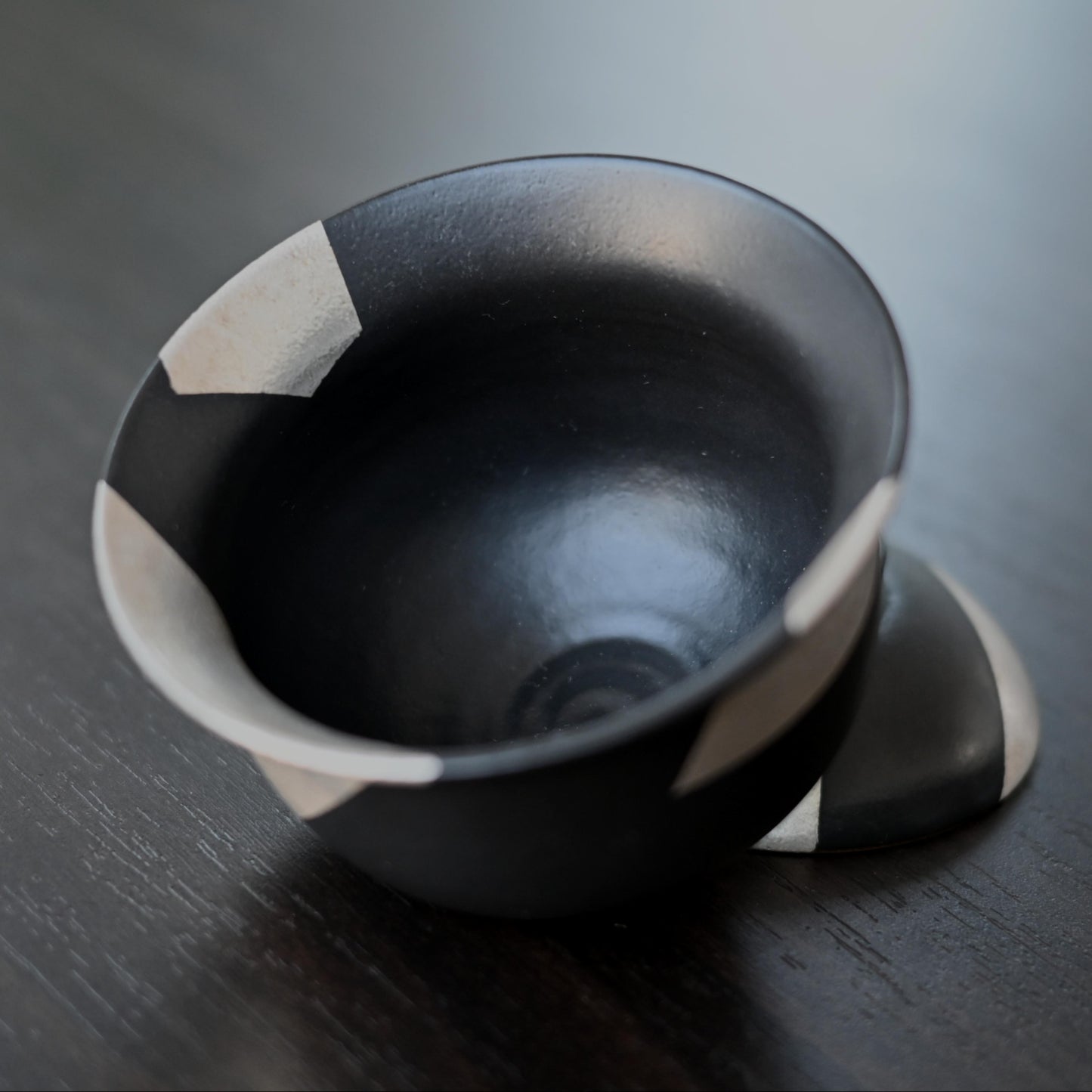 Unique Piece Silver-glazed Irregular Geometric Black-and-white Pattern Gaiwan (Tea bowl)