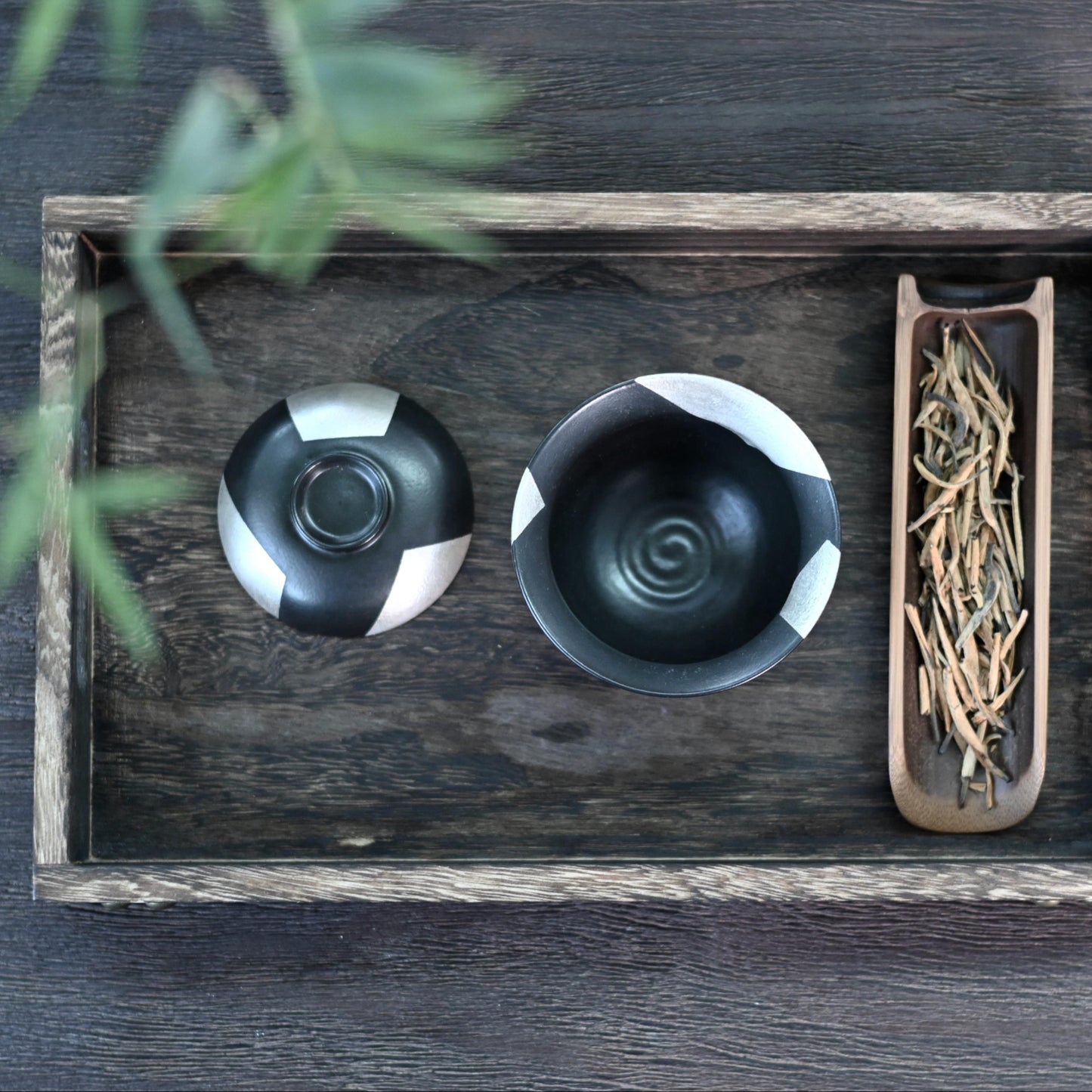 Unique Piece Silver-glazed Irregular Geometric Black-and-white Pattern Gaiwan (Tea bowl)