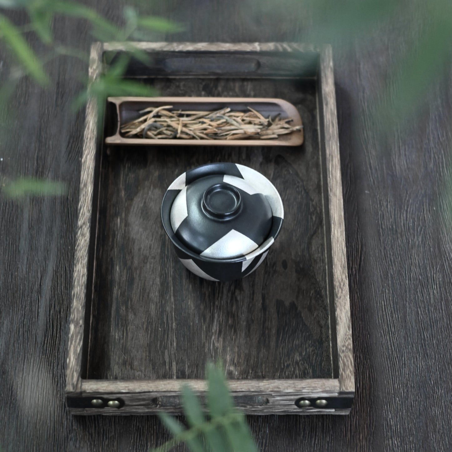 Unique Piece Silver-glazed Irregular Geometric Black-and-white Pattern Gaiwan (Tea bowl)