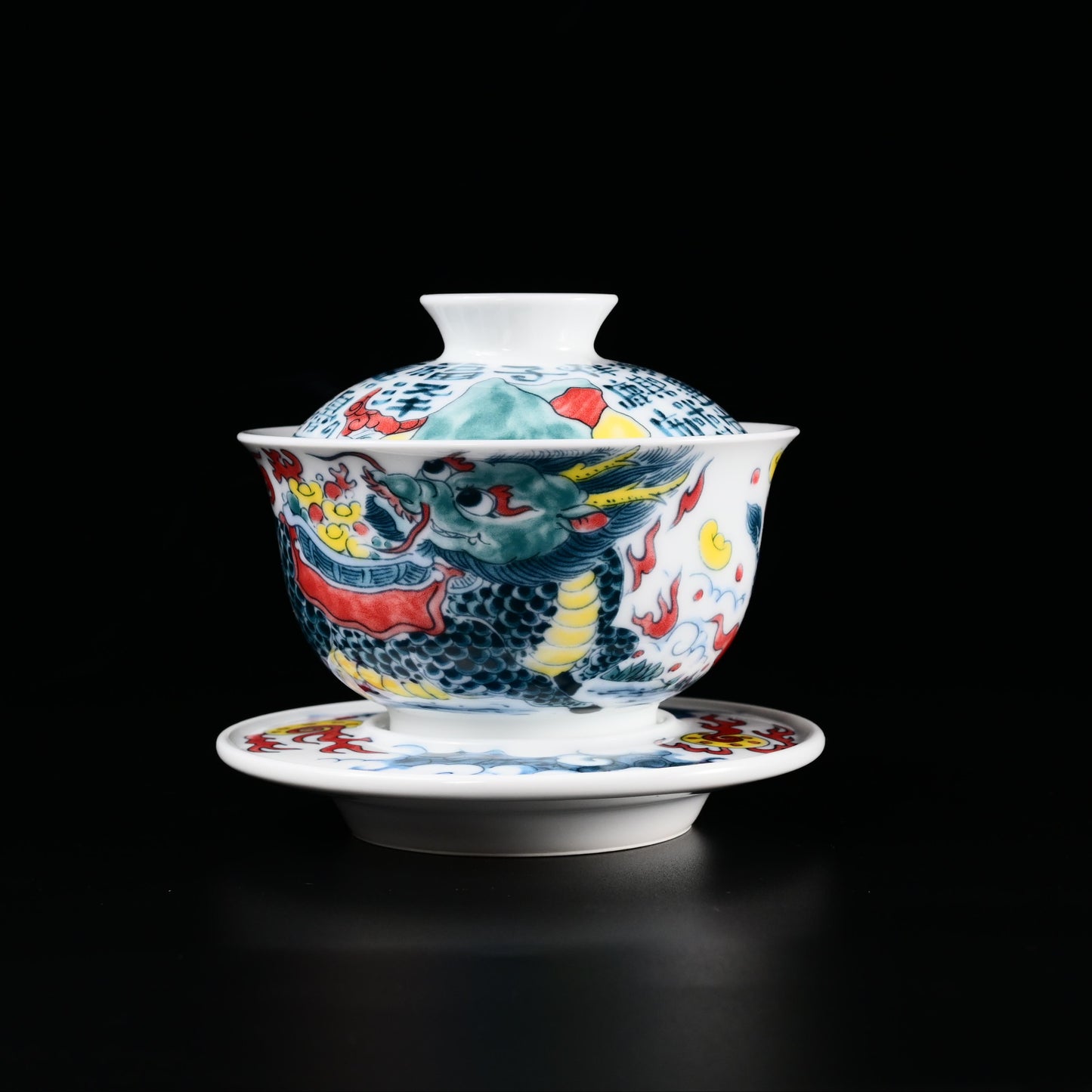 Underglaze multicolor hand-painted Gaiwan with Chinese-style patterns of Qilin and calligraphy