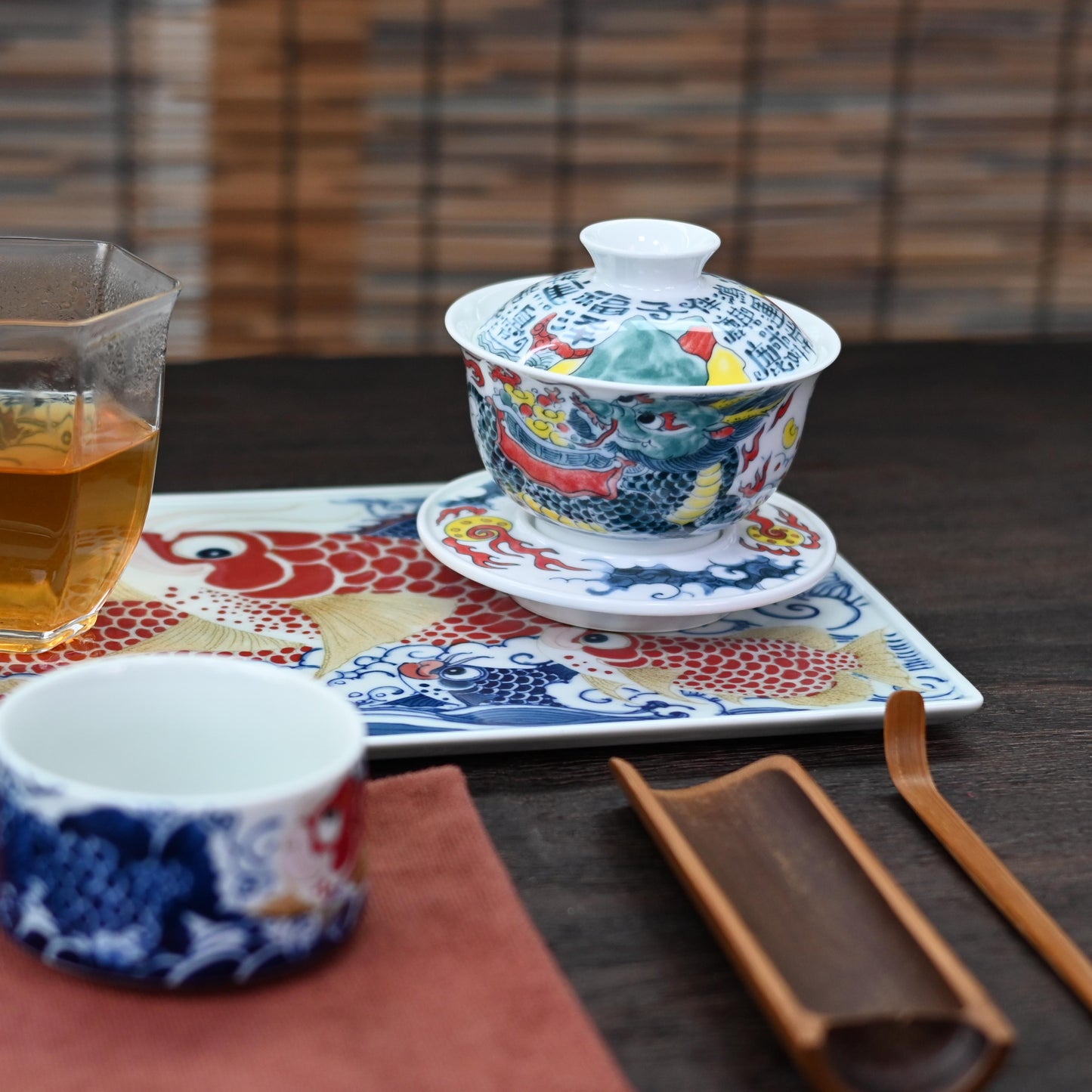 Underglaze multicolor hand-painted Gaiwan with Chinese-style patterns of Qilin and calligraphy