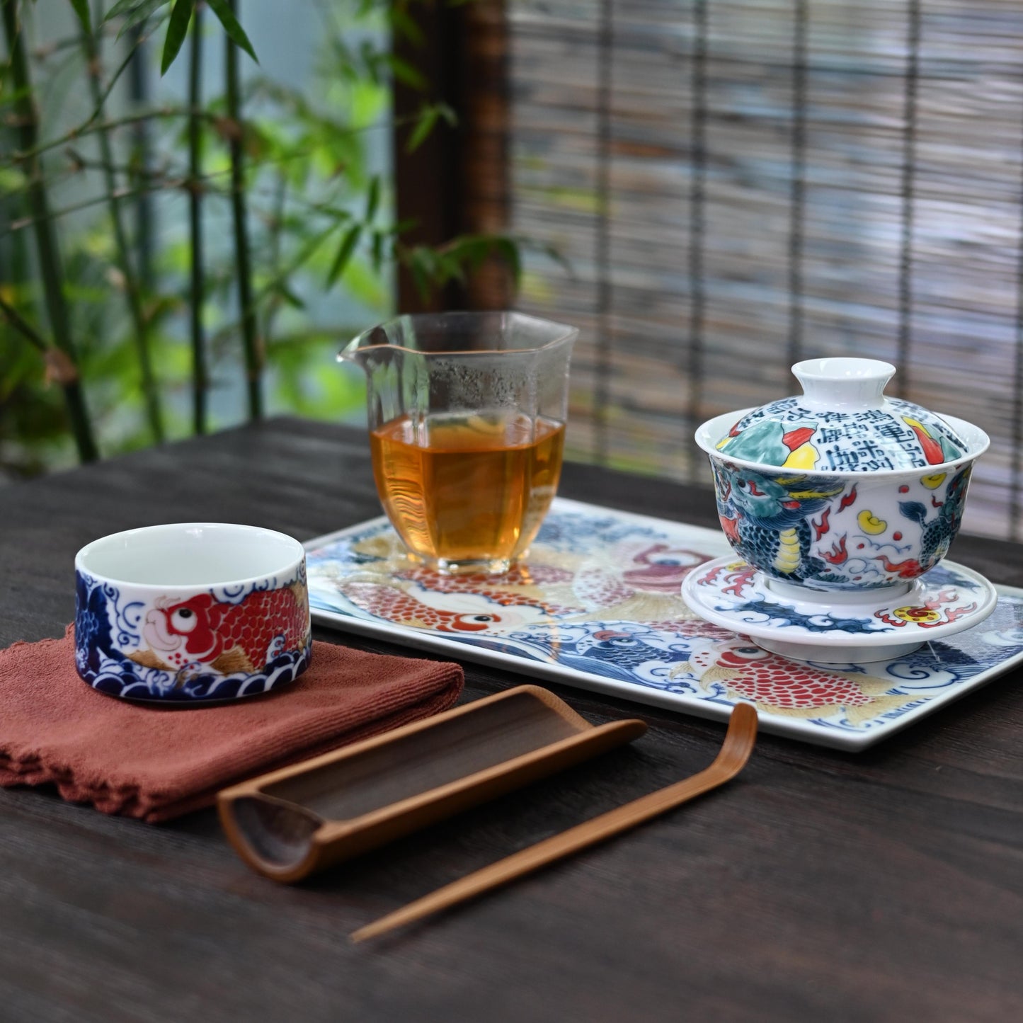 Underglaze multicolor hand-painted Gaiwan with Chinese-style patterns of Qilin and calligraphy