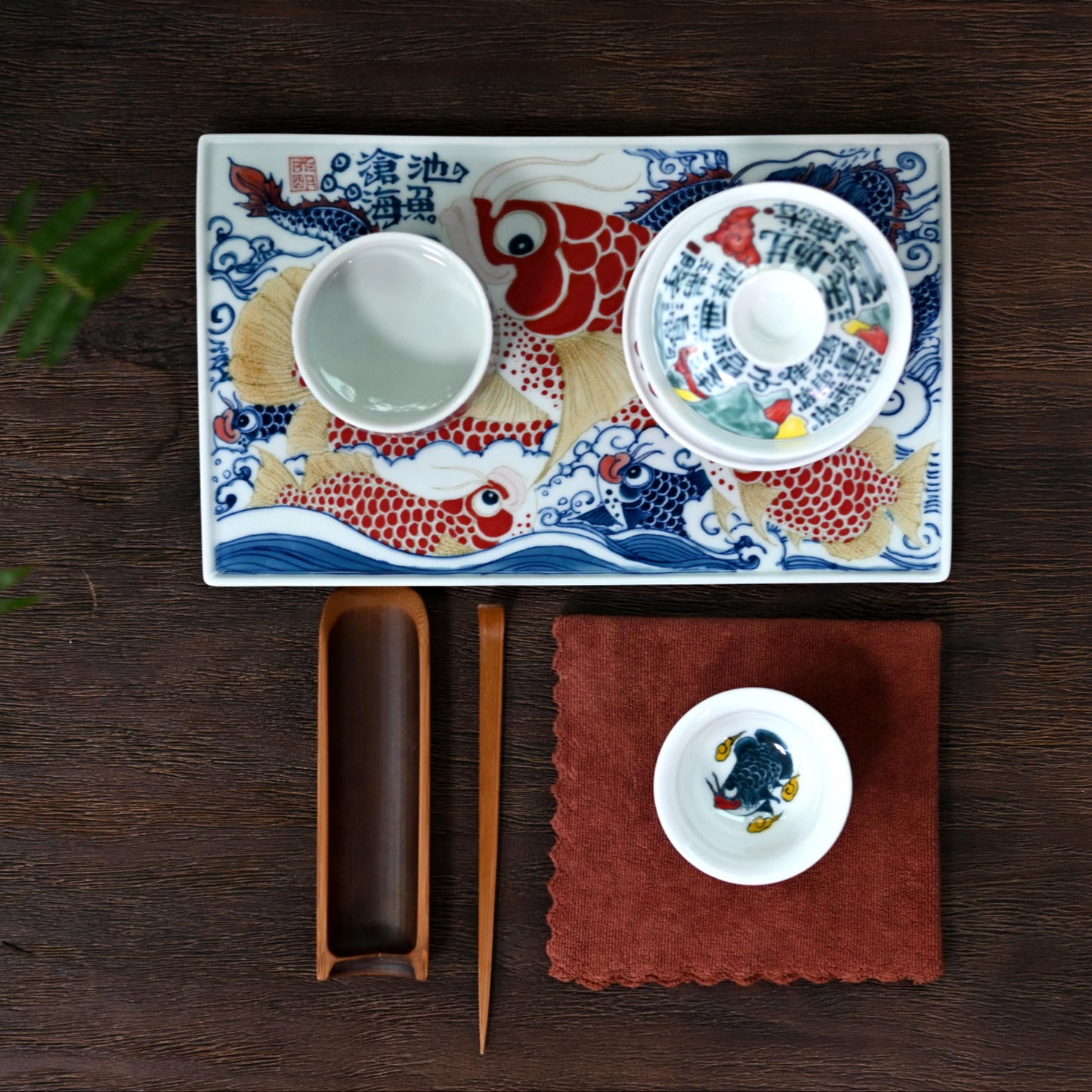 Underglaze multicolor hand-painted Gaiwan with Chinese-style patterns of Qilin and calligraphy