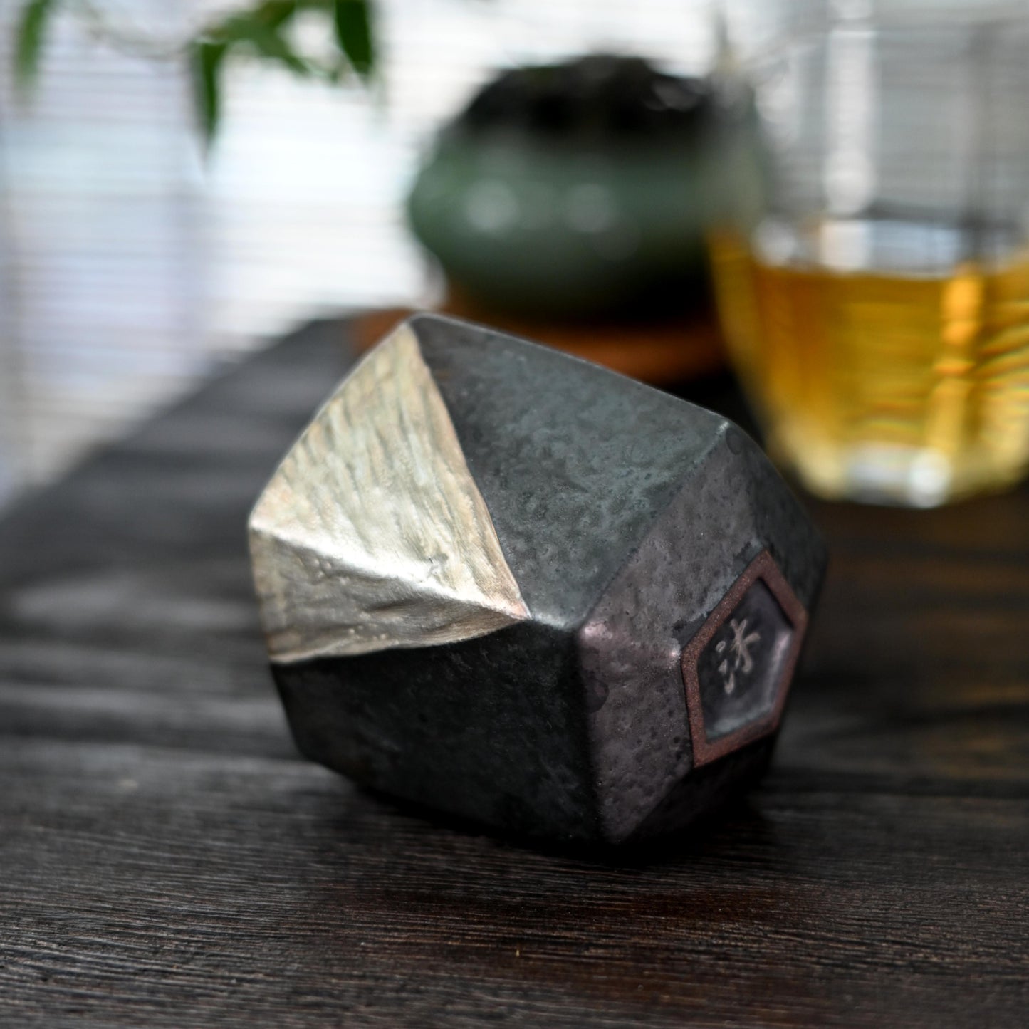 Wabi-sabi Style Rustic Pottery Pentagonal Tea Cup with Triangle Silver-Outlined Patterns