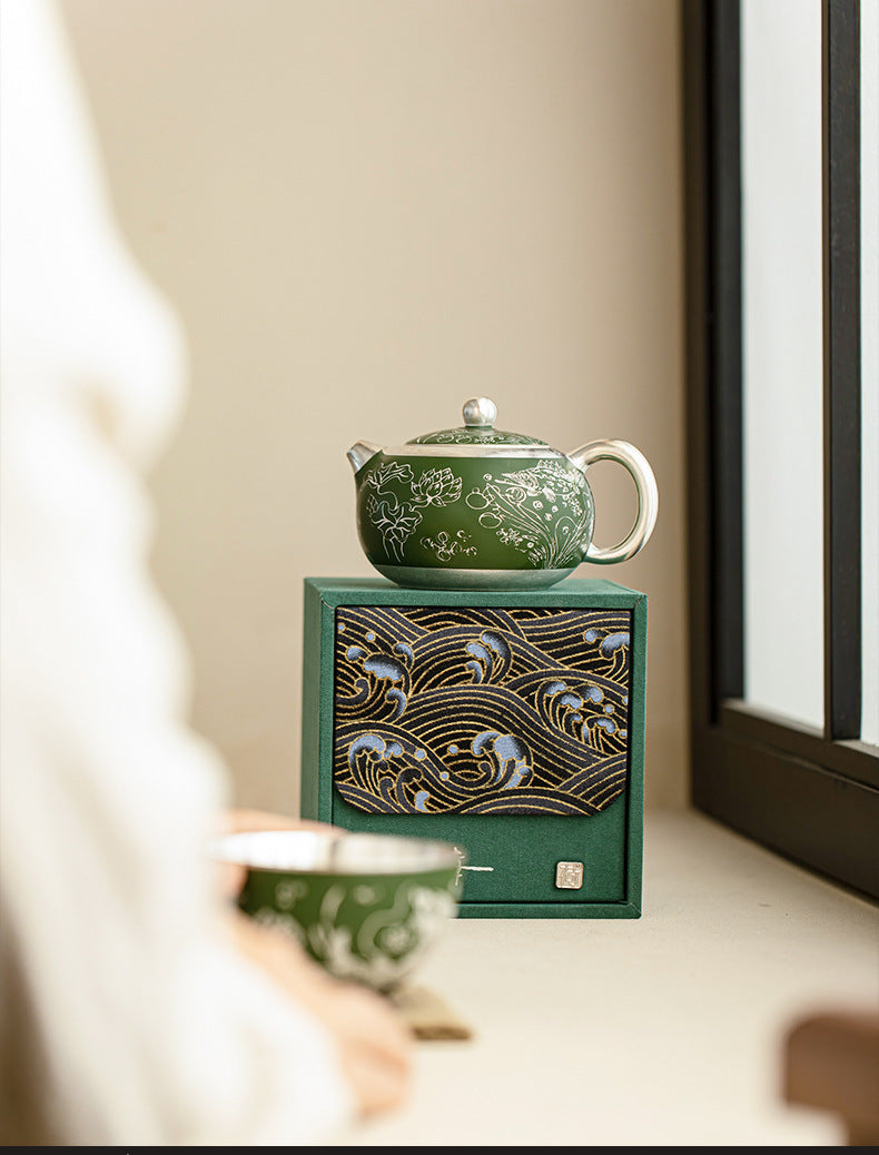 Dark Green Silver-plating Ceramic Teapot.