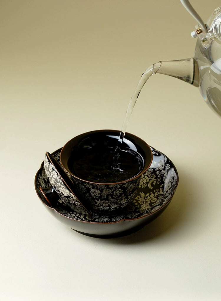 Black-Glazed Gaiwan with Silver-Painted Hundred Flowers